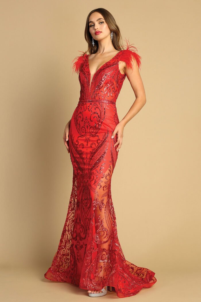 GLITTER PRINT DEEP V-NECK FEATHER GOWN - Image 4