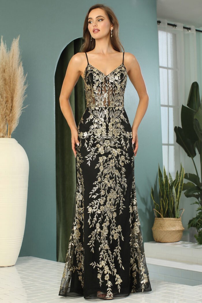 GLITTER APPLIQUE FITTED V-NECK GOWN