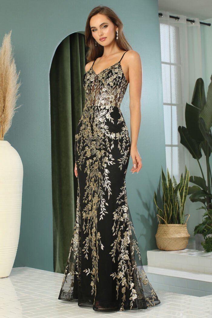 GLITTER APPLIQUE FITTED V-NECK GOWN - Image 2