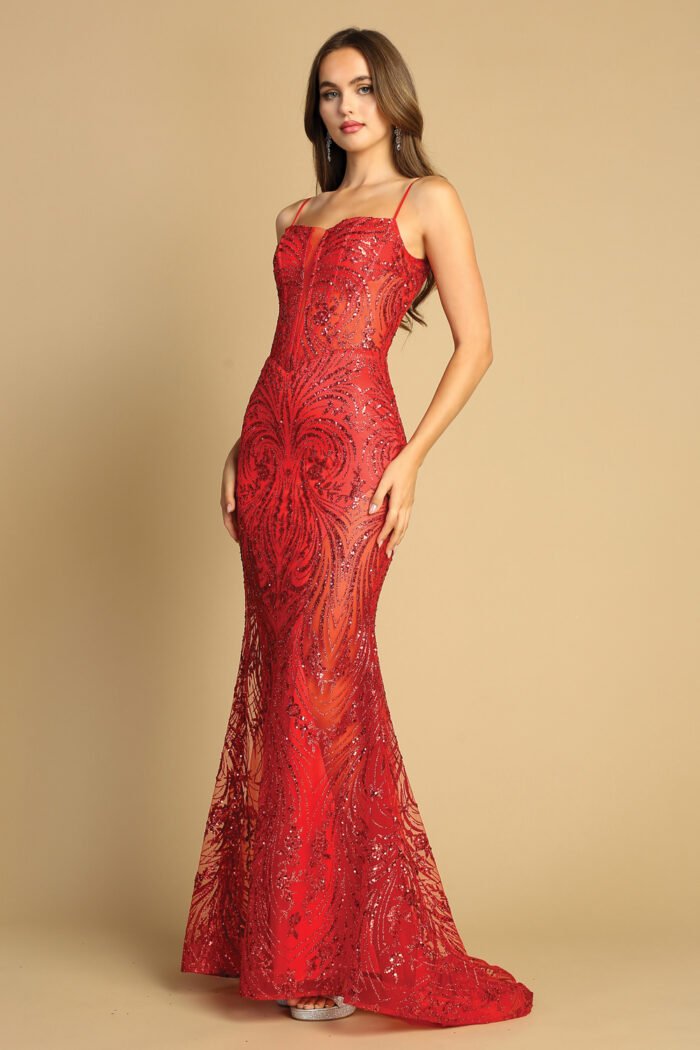 GLITTER PRINT FITTED SHEER SLIT GOWN - Image 8