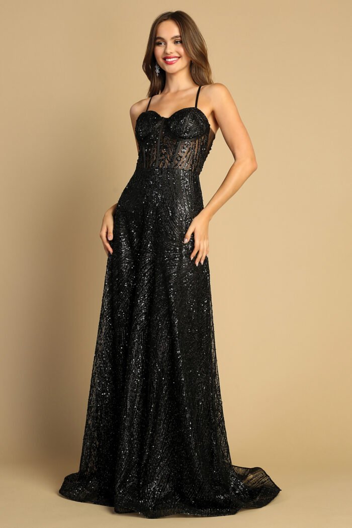 GLITTER PRINT BUSTIER CORSET A-LINE GOWN