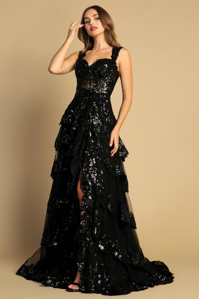 Sequin Embellished A-Line Prom Gown with Sheer