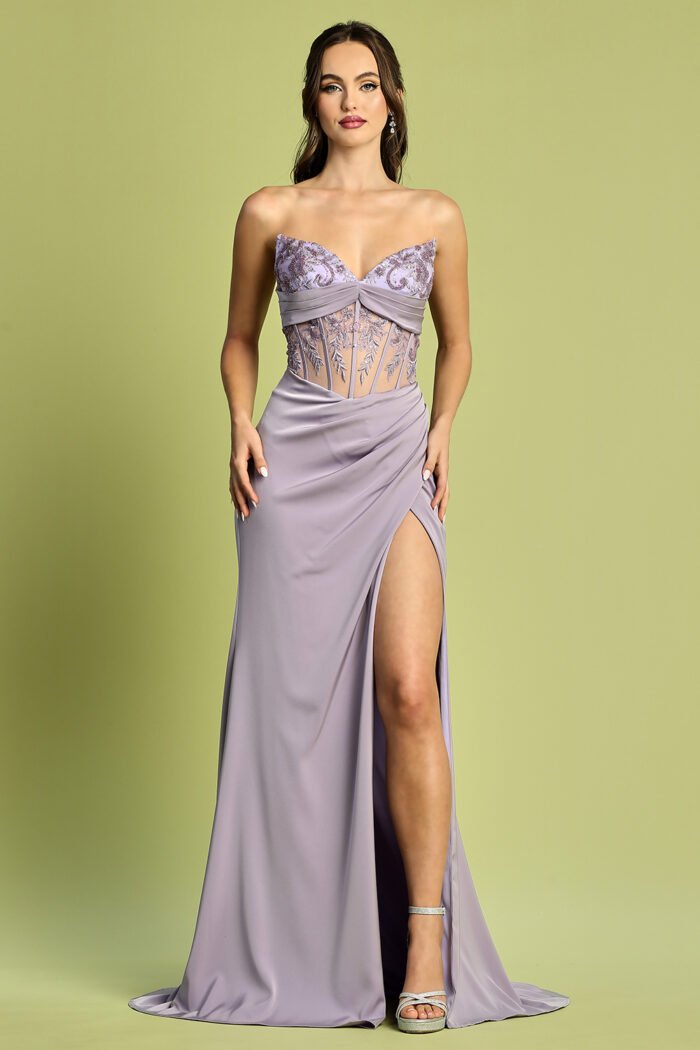 FITTED EMBROIDERED SHEER STRAPLESS SLIT GOWN - Image 4