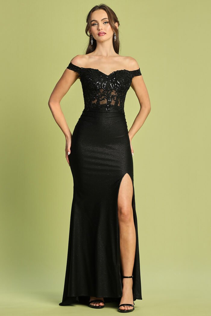 FITTED APPLIQUE OFF SHOULDER GLITTER SLIT GOWN - Image 4