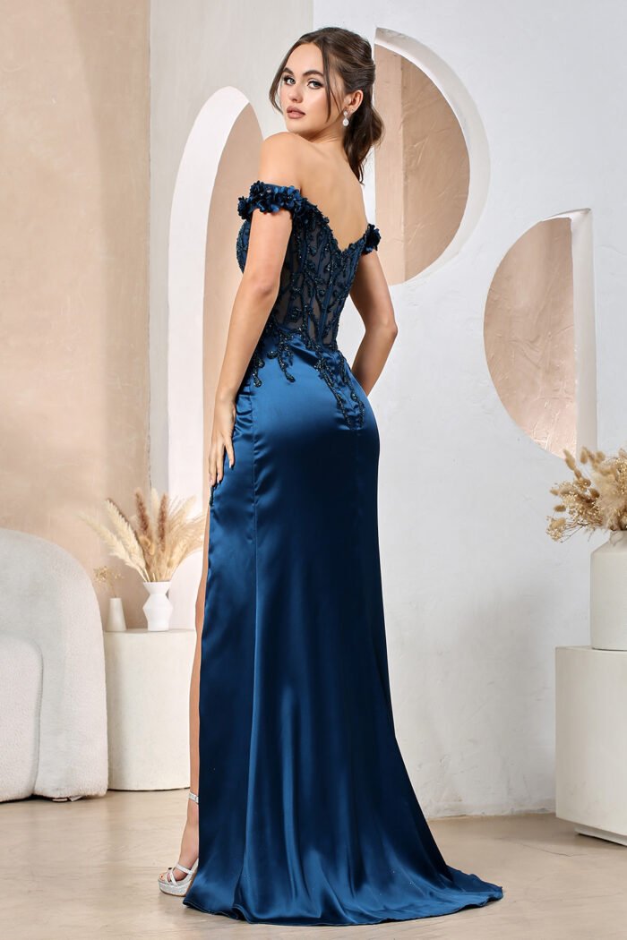 3D FLORAL FITTED OFF SHOULDER CORSET SLIT GOWN - Image 3