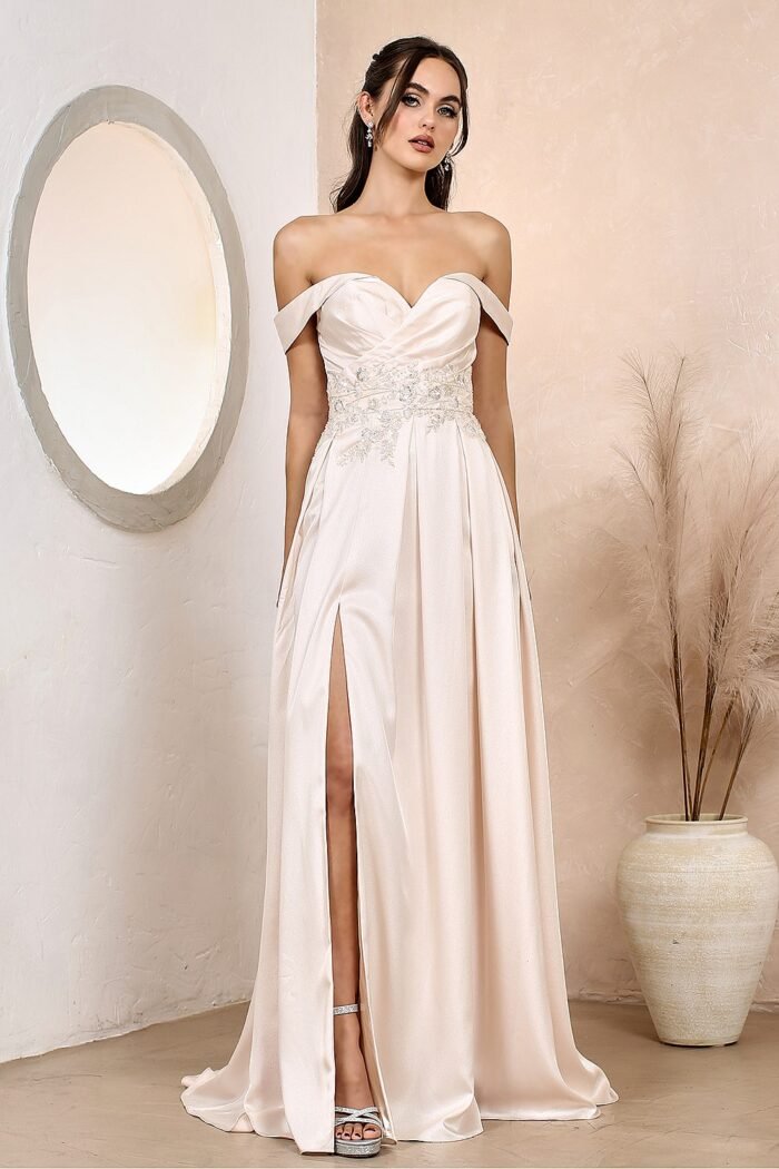 BEADED SATIN OFF SHOULDER A-LINE SLIT GOWN