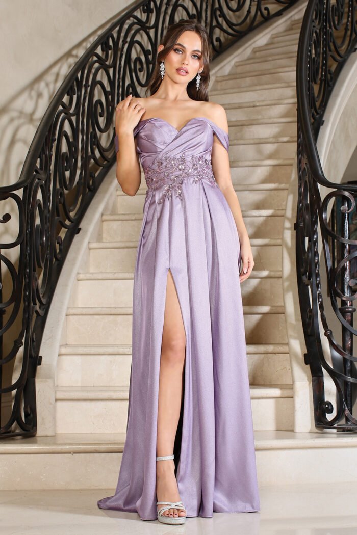 BEADED SATIN OFF SHOULDER A-LINE SLIT GOWN - Image 3