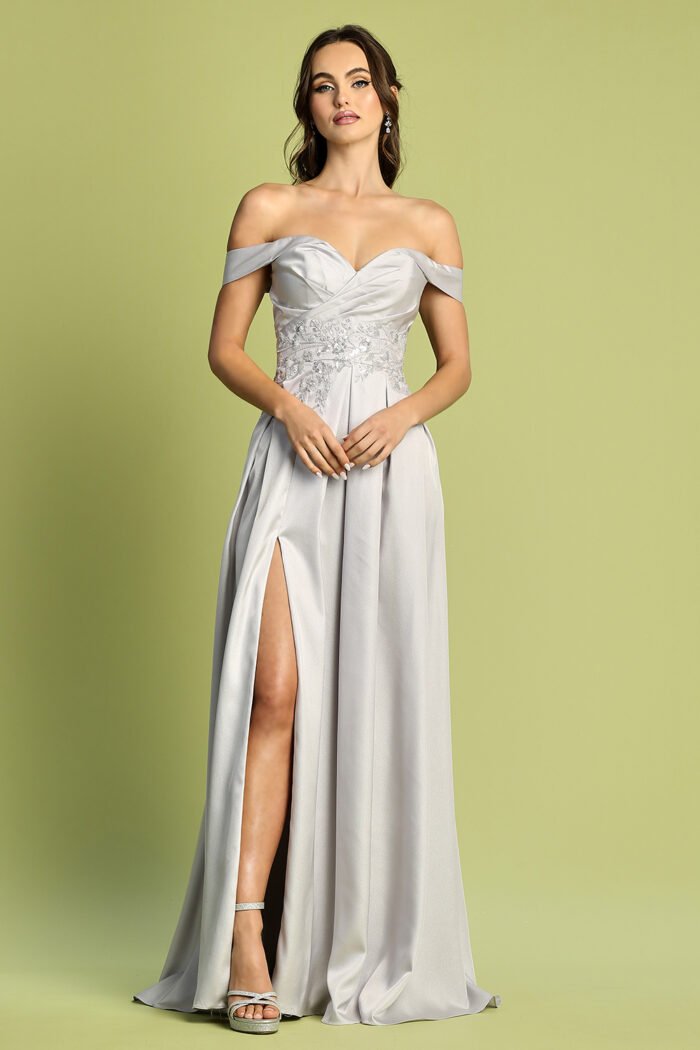 BEADED SATIN OFF SHOULDER A-LINE SLIT GOWN - Image 5