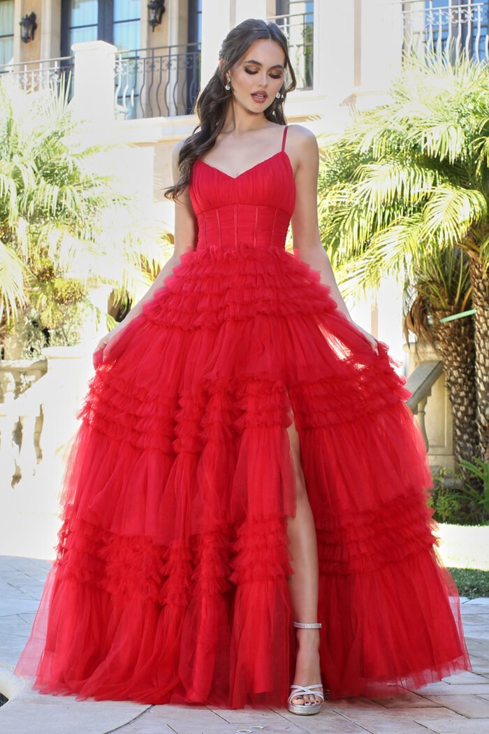 LONG V-NECK TIERED RUFFLED A-LINE SLIT