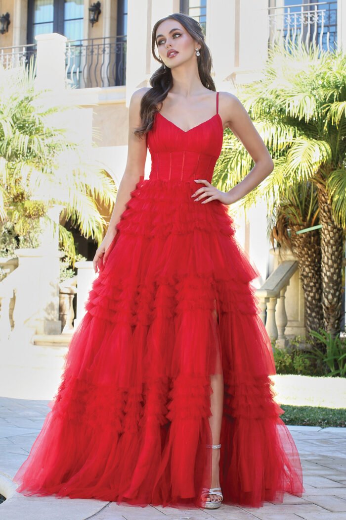 LONG V-NECK TIERED RUFFLED A-LINE SLIT - Image 3