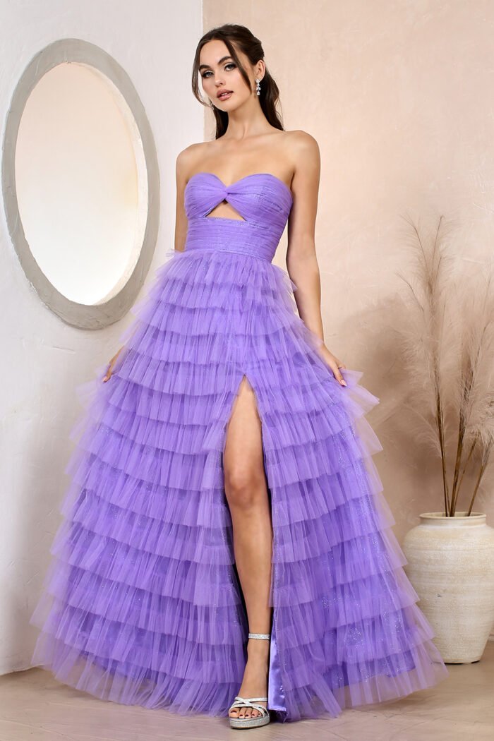 LONG STRAPLESS RUFFLED TIERED A-LINE SLIT DRESS - Image 4