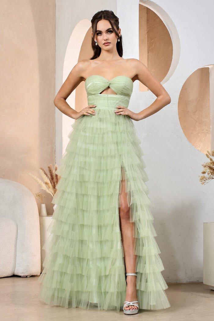 LONG STRAPLESS RUFFLED TIERED A-LINE SLIT DRESS - Image 5