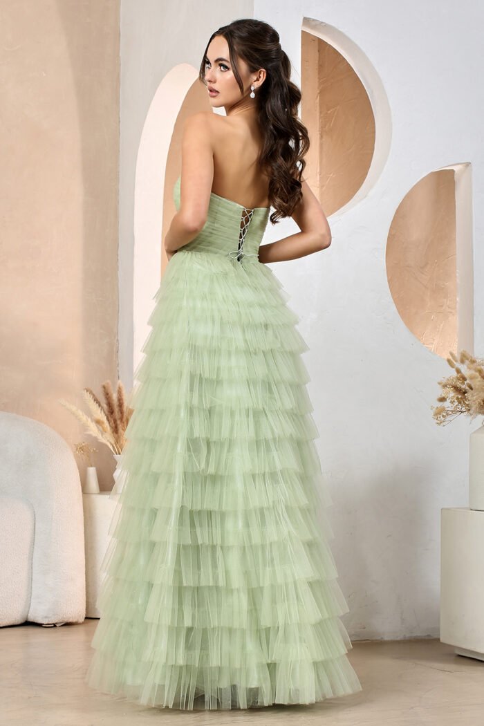 LONG STRAPLESS RUFFLED TIERED A-LINE SLIT DRESS - Image 7