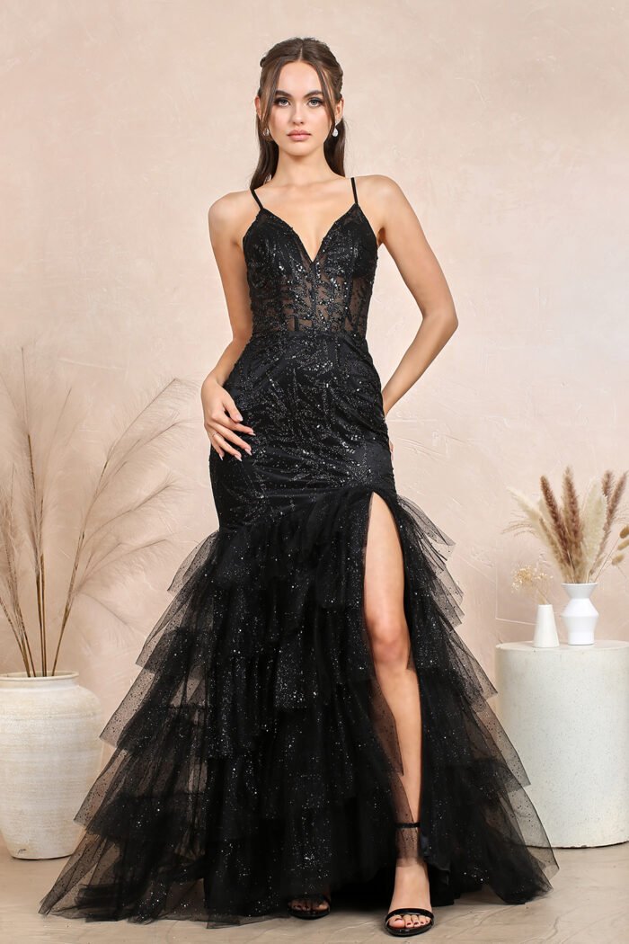 GLITTER PRINT V-NECK TIERED SLIT MERMAID DRESS - Image 3