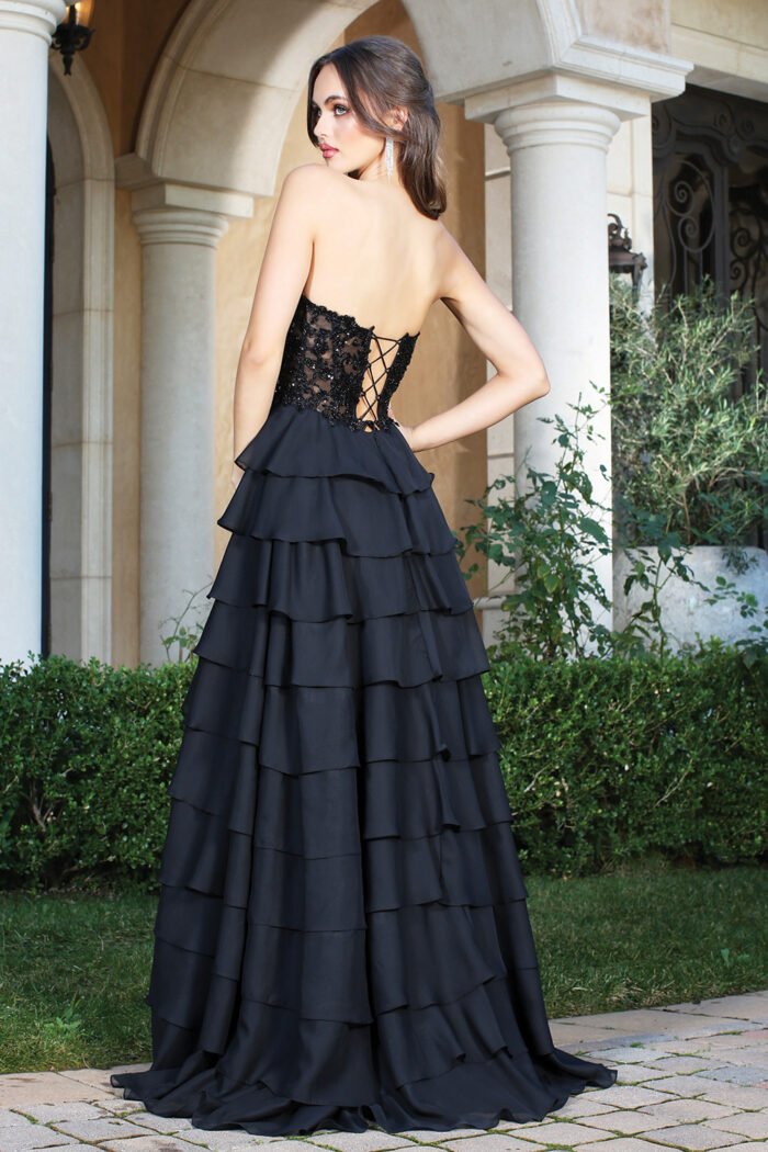 APPLIQUE STRAPLESS TIERED A-LINE SLIT GOWN - Image 3