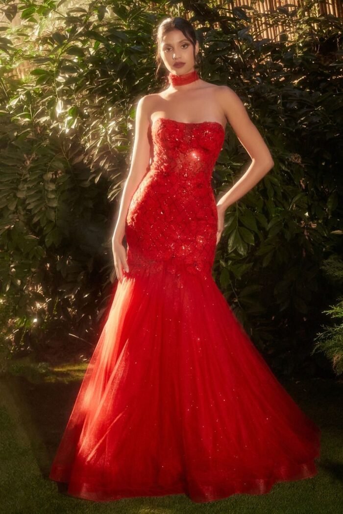 STRAPLESS RED TULLE MERMAID GOWN