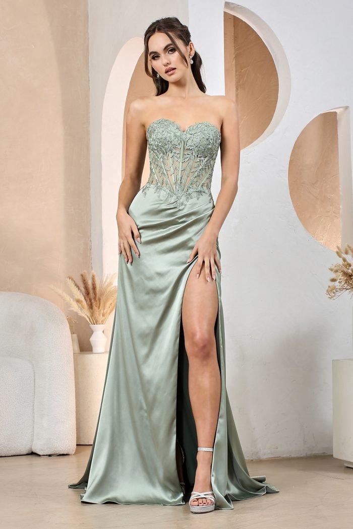 EMBROIDERED FITTED STRAPLESS SLIT GOWN - Image 7