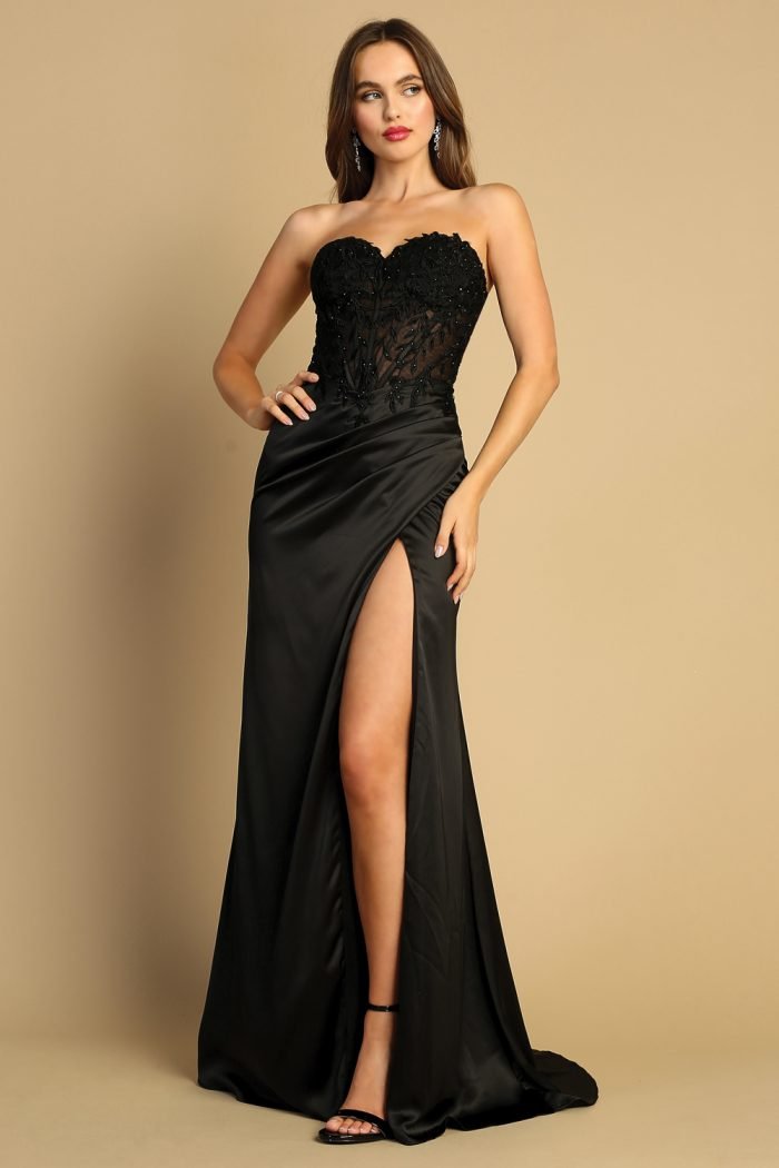 EMBROIDERED FITTED STRAPLESS SLIT GOWN - Image 9