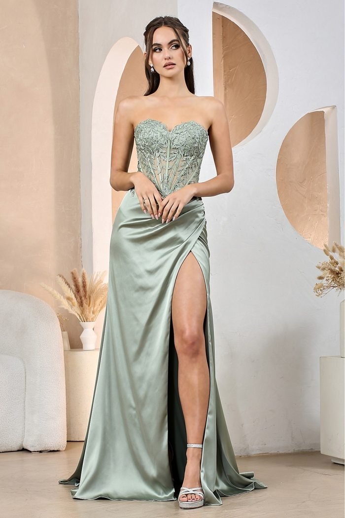 EMBROIDERED FITTED STRAPLESS SLIT GOWN - Image 8